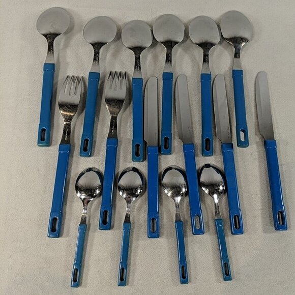 Abert INOX Italy 18/CR 16 Set Cutlery Utensils Teaspoons Soup Knives Forks Blue - Picture 10 of 14